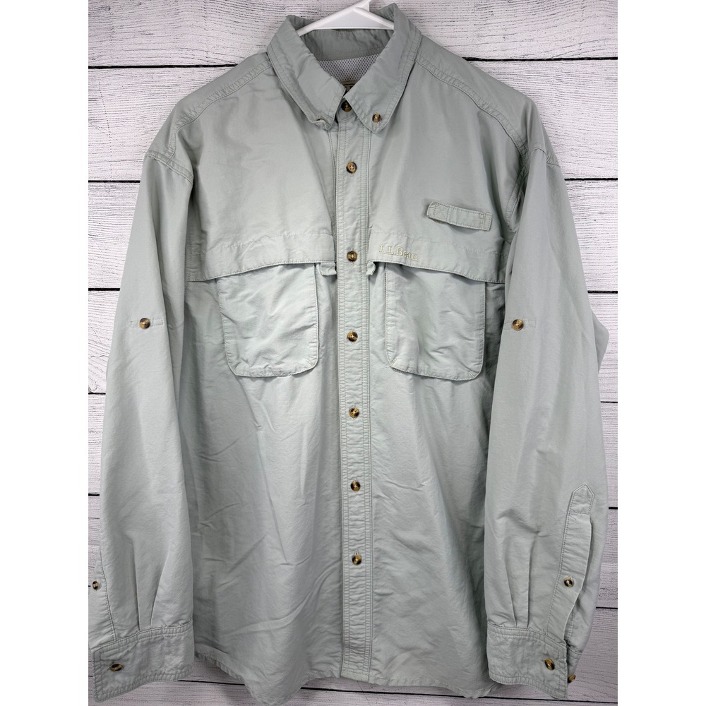 LL Bean Mens Long Sleeve Button Front Fishing Shirt M Beige